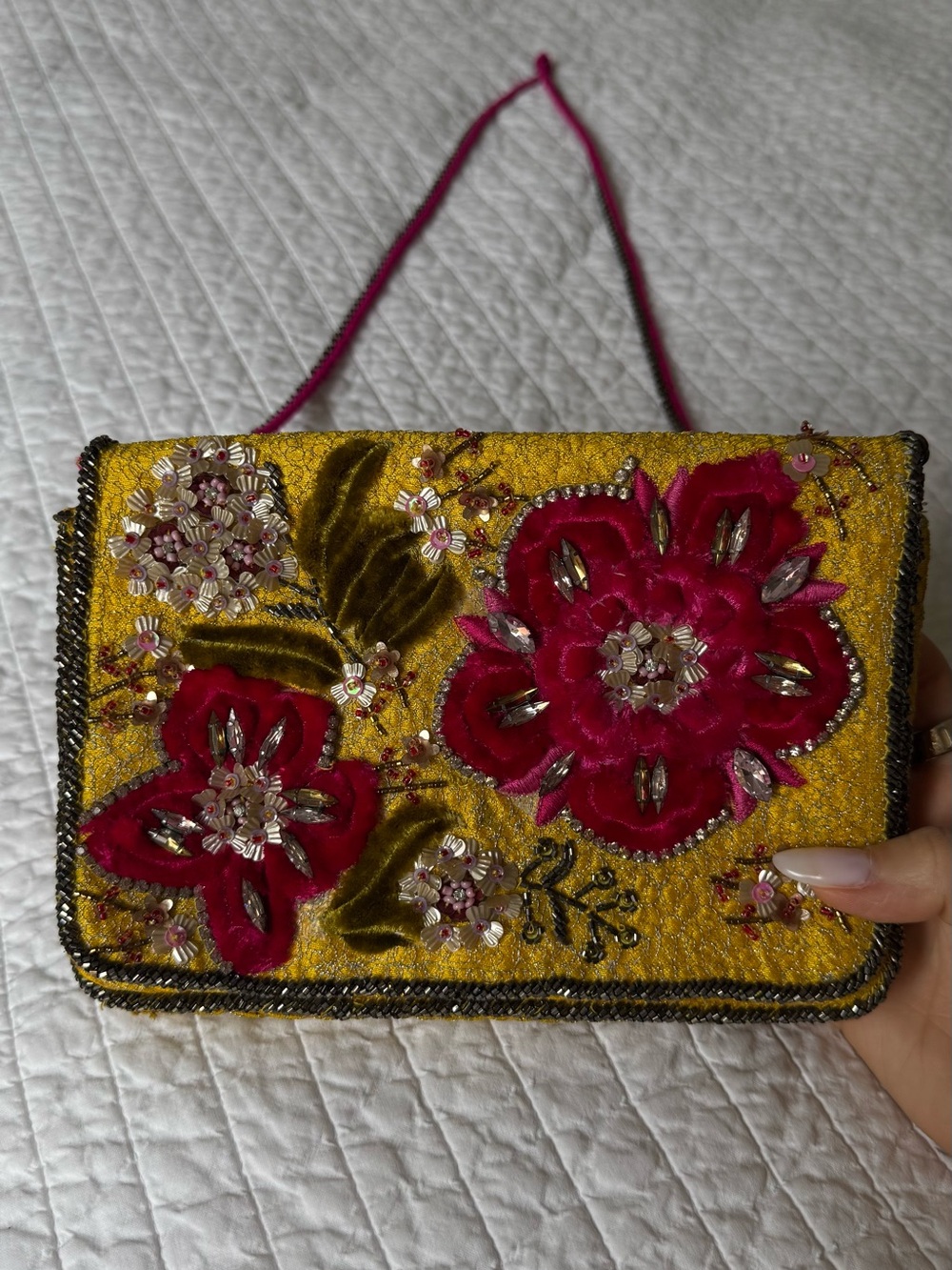 Zara Embellished Floral Clutch Bag in Mustard Yellow and Fuchsia